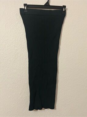 Dark Green Ribbed Knit Midi Pencil Skirt